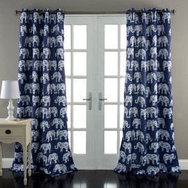 Lush Decor Elephant Parade Curtains Floral Animal Print Design Window Panel Drapes Set for Living, Dining, Bedroom (Pair), 84” x 52”, Navy