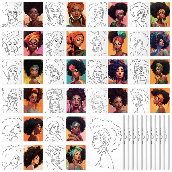 Sherr 20 Pcs Stretched Pre Drawn Canvas Afro Queen Black Art for Painting for Adults Kids Outline Pre Drawn Stretched Cotton Canvas Painting Canvas to Paint Paint Party Set, 8 x 10'' (Vivid)