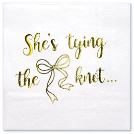 WRAPAHOLIC 50Pcs Wedding Napkins - 3-Ply Disposable Cocktail Napkin for Engagement Wedding Tableware Party Supplies, Gold Foil She's Tying the Knot - 5 x 5 In