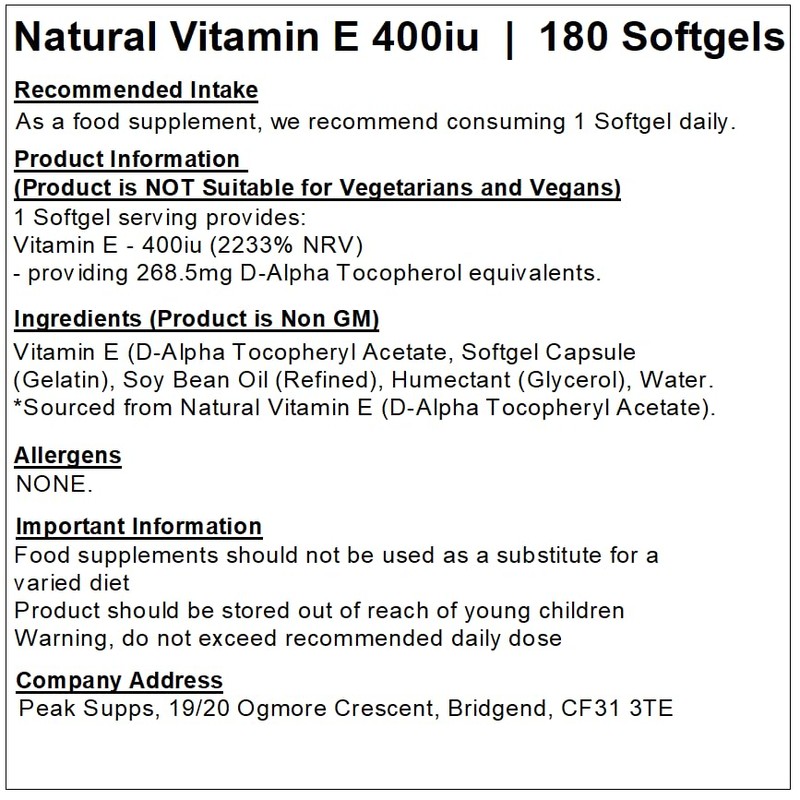 Natural Vitamin E 400iu - Antioxidants - Non-GM (180 Softgels)
