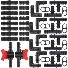 42Pcs Drip Irrigation Fittings Kit for 1/2" Tubing - Includes 2 Switch Valves, 8 Couplings, 8 Tees, 8 Elbows, 8 End Closures & 8 End Cap Plugs - Barbed Connectors for Garden, Lawn & Sprinkler Systems