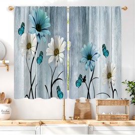 Famiffty Farmhouse Flower Vintage Kitchen Curtains 27.5W X 39L Inch 2 Panel Rod Pocket Blue Floral Wooden Teal Aqua Daisy Country Retro Spring Small Short Cafe Tier Curtains Drapes Bathroom Home Decor