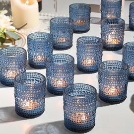 24 Pack Votive Candles Holders - 2x2.5in Blue Vintage Glass Votives Tealight Candle Holders for Table Centerpieces, Tea Light Candle Holder Decor for Wedding Bridal Shower Party