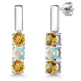 Gem Stone King 925 Sterling Silver Yellow Citrine and Simulated White Opal Drop Dangle Earrings For Women | 1.40 Cttw | Gemstone November Birthstone | Round 5MM