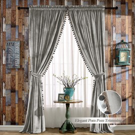 Melodieux Pom Poms Velvet Blackout Curtains for Living Room Bedroom, Vintage Luxury Energy Saving Rod Pocket Thermal Insulated Lined Drapes, 52" W x 96" L, Gray (2 Panels)