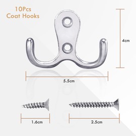 Gorffy Door Hooks 10 Pcs, Double Coat Hooks with 40 Screws, Retro Silver Coat Hooks for Door & Wall, Heavy Duty Metal Door Hooks Screw in for Hanging Robe, Towel, Coat, Bag & Hat (Silver, 10 Pcs)