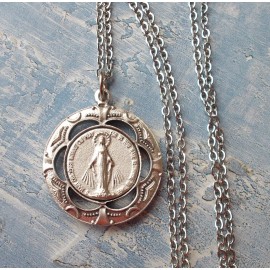 GORGEOUS  Miraculous Medal pendant 1 1/4'' round~stainless steel chain~Italy