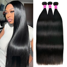 Straight Human Hair 10A Brazilian Human Hair Bundles for Women Double Weft Straight Hair Extensions 3 Bundles Weave Hair Extension Natural Black Color 24 26 28 Inch