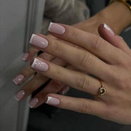 French Tip Nails - Nude White Press on Nails - 24pcs False Nails with Glue - Medium Square,12 Sizes Elegant Design,Removable Acrylic nails French Tip for Women Girls