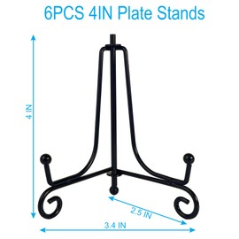 HENABLE 6PCS Premium Black Iron Plate Stands for Display 4 Inch, Decorative Solid Metal Plate Holders for Displaying, Mini Easel, Frame, Book, Card, Plaque, Bowl, Picture Stands for Display