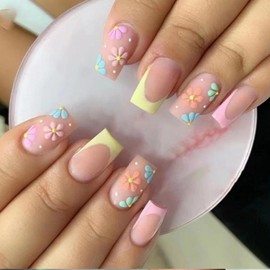 Flower Press on Nails Yellow Short Square Fake Nails Glossy French Tip Glue on Nails Spring Summer Coffin False Nails Full Cover Pink Stick on Nails Blue Acrylic Nails for Women Girls Manicure 24pcs…