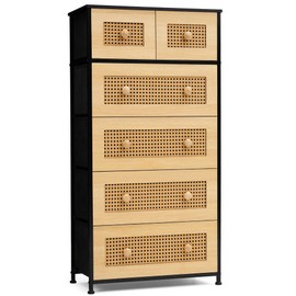 Crestlive Products Rattan Dresser Tall Storage Tower, Chests of Drawers, Easy Pull Fabric Bins, Wood Handles - Organizer Unit for Bedroom, Entryway, Closets - 6 Natural Drawers, Black Top & Frame