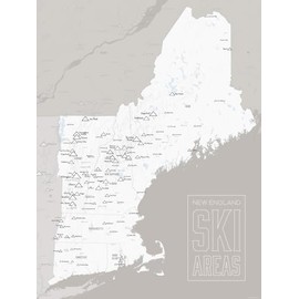 New England Ski Resorts Map 18x24 Poster (White & Gray)