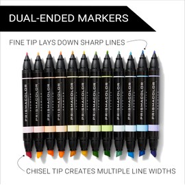 Prismacolor Premier Dual-Ended Art Markers, Chisel and Fine Tips, Pastel Colors, 12 Count Set, Ideal for Adult Coloring Books