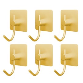 VAEHOLD 6 Pack Adhesive Wall Hooks, Heavy Duty Sticky Holder Aluminum Towel Hooks for Hanging Coat, Hat, Towel, Robe, Key, Closet Hook Wall Mount for Kitchen, Bathroom, Office (Gold)