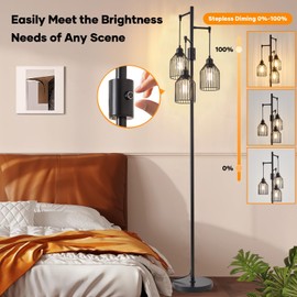 A1A9 Dimmable Floor Lamp for Living Room, Farmhouse Floor Lamps with Elegant Hanging Cage, 3 x LED Edison Bulbs Included, 68.5" Industrial Standing Light for Bedroom Office Home Decor (Black)