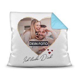 PR Print Royal Photo Cushion with Filling with Saying "Ich Liebe Dich - zum SelbstGestalten with Desired Photo in the Heart for Your Partner, the Partner" Colour Cushion Back, Light Blue, 40 x 40 cm