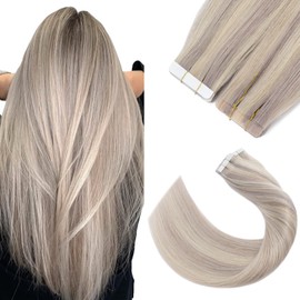 Silk-co 18inch Tape in Hair Extensions Real Remy Human Hair Extension Ombre Balayage Hair Tapes on Grey/Bonde Hair Extensions