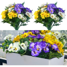QIANYUN Fake Flowers-13in Pansy Small Wild Flower Artificial Plants Outdoor Plastic Purple Flowers for Home Wedding Kitchen Garden Table Centerpieces Indoor Outdoor Decor (Mixed Color)
