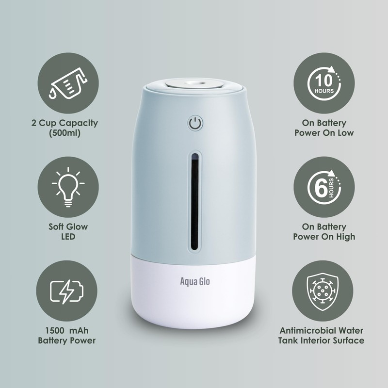 Airvana Aqua Glo Personal Humidifier – Ultrasonic Cool Mist, Rechargeable