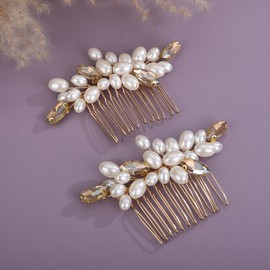 Teyglen Pearl Wedding Hair Comb Simple Rhinestone Pearl Hair Piece Bride Headpiece Bridal Crystal Pearl Hair Comb Elegant Hair Accessories for Women (Champagne)