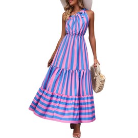 PRETTYGARDEN Women's Summer Floral Maxi Dress Knot One Shoulder Sleeveless Ruffle Flowy Boho Beach Wedding Guest Dresses (Blue Pink Stripe,XX-Large)