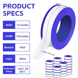 KUQQI 24 Rolls Teflon Tape for Plumbers, 1/2 x 520 Inches PTFE Thread Seal Tape, White Pipe Sealant for Shower Head, Water Pipe Sealing and Leak Prevention, Sealing Tape for Threaded Connections