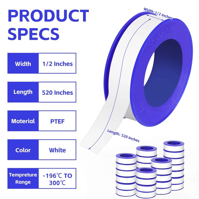 KUQQI 24 Rolls Teflon Tape for Plumbers, 1/2 x 520