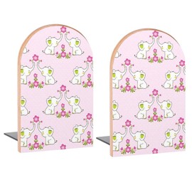 Cute Baby Floral Elephants Book Ends Decorative Wood Bookends for Shelves Kids Room Desk Home Office Book Stoppers for Magazines,Books, DVDs, 1 Pair/2 Pieces(5x3.1 in)