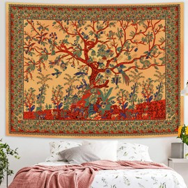 Simpkeely Tree of Life Tapestry Aesthetic Indian Mandala Wall Hanging Bohemian Hippie Tie Dye Tapestry Wall Art Decor for Bedroom Living Room 130x150cm, Yellow