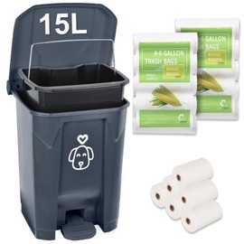 Outdoors Dog Poop Trash Can with Lid & 290PCS Waste Bags, Cute Dog Waste Trash Can for Dog Poop, Yard, Home, Garden, Kitchen, 15 Litre Grey Step with Removable Inner Bin, AG