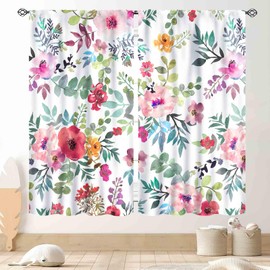 Floral Curtains, Vintage Flower Pink Floral Farmhouse Country Kitchen Curtains Drapes Watercolor Floral Spring Blackout Window Treatments for Living Room Bedroom Nursery 2 Panel Sets, 63"x72" Inch