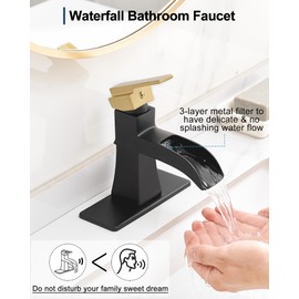 HOIGY Black and Gold Waterfall Bathroom Faucet, Brass Bathroom Sink Faucet 1 Hole or 3 Hole, 4 Inch Bathroom Faucets Single Handle with Drain Supply Hoses & 6 inch Deck Plate for Lavatory RV Farmhouse