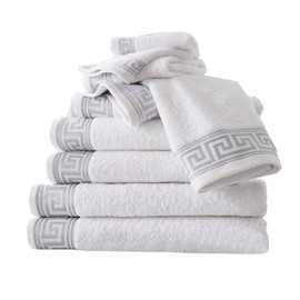 GC GAVENO CAVAILIA Greek Key 8 Piece Towel Bale Set, Super Absorbent Quicky Dry Egyptian Cotton Bathroom Towels Sets, 4 Face 2 Hand 2 Bath Towels, White