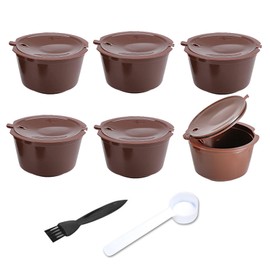 Reusable Coffee Pods, 6 Pieces of Coffee Capsule Cups, with 1 Plastic Spoon and 1 Cleaning Brush, Reusable Coffee Capsules Filter Cups Pods, Filter Pod Cups for Ground Coffee(Brown).