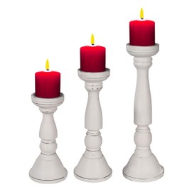 Hand Crafted Wooden Pillar Candle Holders Set of 3 , Ideal for Pillar Candles, Gifts for Wedding, Party, Home, Spa, Reiki, Aromatherapy, Votive Candle Gardens - 16, 14, 12 Inch - White Antique