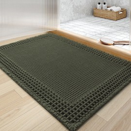 tchdio Waffle Bath Mat - Super Absorbent Bathroom Rugs Non Slip Washable, Quick Dry Bathroom Mat with Tassels, Boho Bath Mat Ultra Soft Bath Rugs for Bathroom Floor, 24"x36" Green