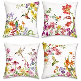 Bonhause Spring Flower Bird Cushion Covers 45 x 45 cm Colorful Flowers Hummingbirds Decorative Throw Pillow Covers for Sofa Bed Home Garden Patio Decor Set of 4