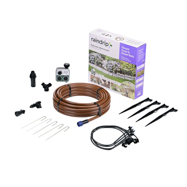 Raindrip SDGCBHP Automatic Drip Irrigation Watering Kit with Timer for Ground Cover & Flower Beds, Waters up to 200 Sq. ft, Timer with Customizable Settings & 13 GPH Half-Circle Adjustable Sprayers