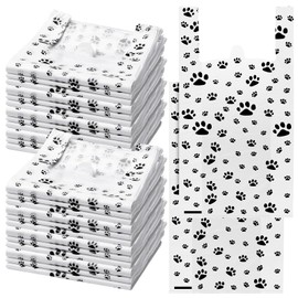 Kosiz 200 Pcs Plastic T Shirt Bags Disposable Print Dog Gift Bags with Handles Design Cat or Dog Paw Thank You Bags for Shopping Gift Merchandise Grocery Home Using, 22 x 11.6 Inches (Black)