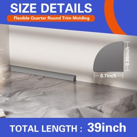 Flexible Quad Moulding, Peel and Stick, Corner Moulding Trim, Waterproof Rubber Quad Moulding, Suitable for Use on Floors, Bathrooms and Countertops (0.7” W x 0.86” H x 39” L,Gray)