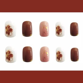 Press on nail Paquete 24pzs Uñas Postizas Decoradas Flores Pequeñas Cortas
