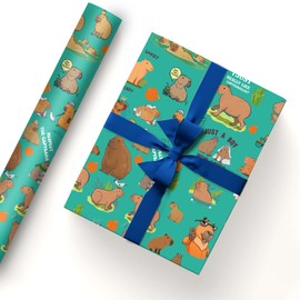 InThink Pack of 5 Capybara Gift Wrapping Paper 20" x 30" Kraft Paper Durable Capybara Wrapping Paper Sheets Pack for Kids Birthday, Party Festive Decoration (Teal Funny Capybara)