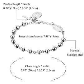Cupimatch Women's Men's Virgin Mary Bracelet with Cross Pendant Pearl Bracelet Bangle Stainless Steel Bracelet Silver Gold, Stainless Steel