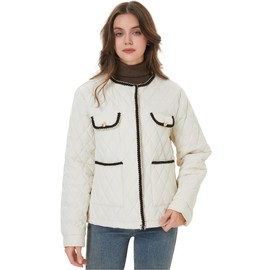 Sirrinni Women Quilted Lightweight Jacket Puffer Puffy Transitional Light Diamond Padded Coat Crew Neck Contrast Trim Spring Fall,White,M