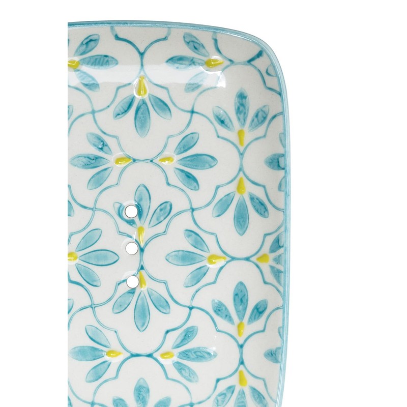 Large Rectangular Soap Dish Tray Floral/Blue Ceramic with Holes for
