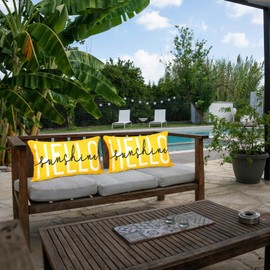 HOMFREEST Summer Throw Pillow Covers 12x20 Inch Set of 2 Yellow Hello Sunshine Pillows Farmhouse Decorative Outdoor Patio Cushion Case for Sofa Couch Home Decor