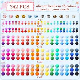 Hotop 342 Pcs Silicone Beads for Keychain Making Kit, 12mm15mm Round 14mm17mm Polygonal Silicone Beads Bulk, Rubber Beads for Keychain DIY Necklace Bracelet Jewelry Making Supplies