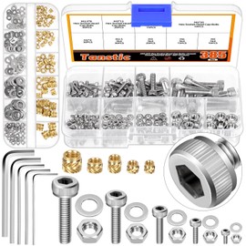 Tanstic 385 Pcs M2 M2.5 M3 M4 M5 Hex Socket Head Cap Screws Bolts and Nuts and Washers Kit, 304 Stainless Steel Machine Screws Nuts and Bolts with Washers, Hex Wrench, Threaded Inserts (Silver)
