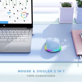 PEIOUS Wireless Mouse Jiggler - LED Wireless Mice with Build-in Mouse Mover, Rechargeable Moving Mouse for Laptop with Undetectable Random Movement Keeps Computers Awake - Light Blue